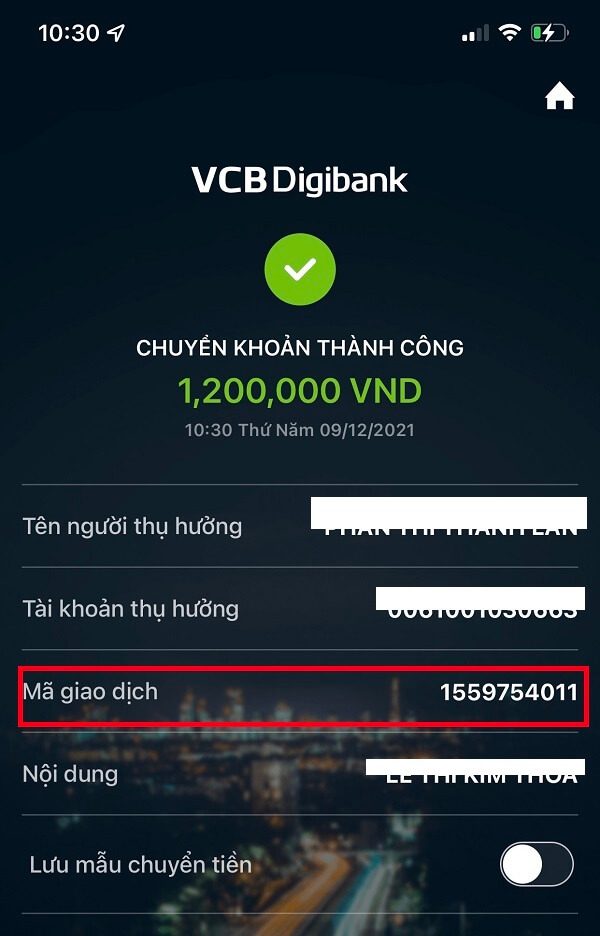 Kiểm tra mã giao dịch trên VCB Digibank